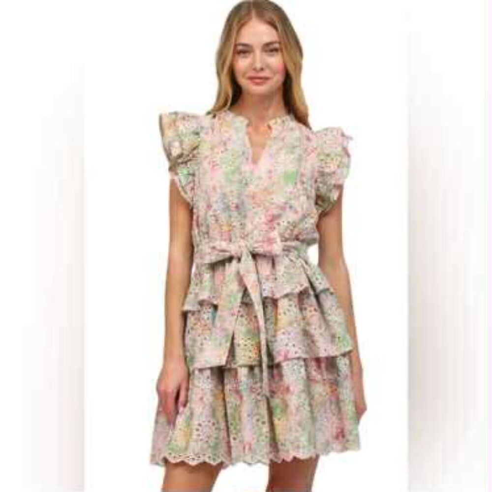 Fate | NWT Ruffle Tiered Mini Dress Eyelet Floral, Romantic Cottagecore | Large